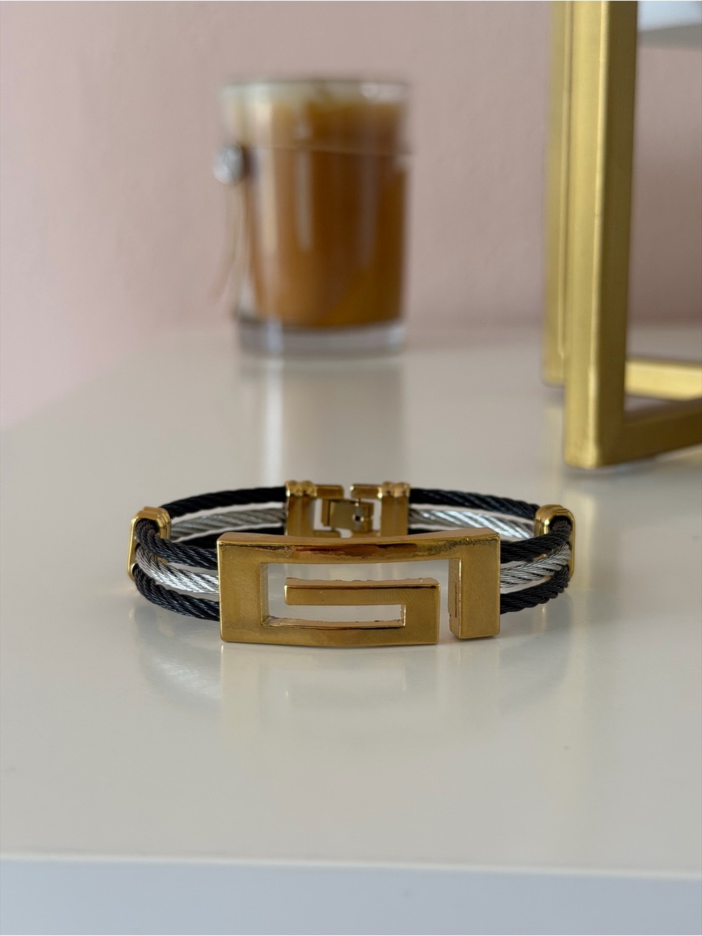 Men's Greek Key Cable Bracelet – Gold & Stainless Steel Wire Mesh Cuff